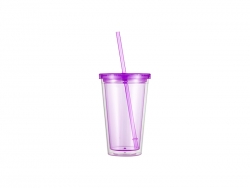 16oz/473ml Double Wall Clear Plastic Tumbler with Straw &amp; Lid (Light Purple)