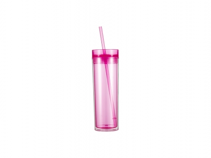 16oz/473ml Double Wall Clear Plastic Skinny Tumbler with Straw &amp; Lid (Rose Red)