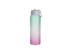Botella Deportiva Cristal Escarchado 32oz/950ml Sublimación con Pajita y Tapa Gris (Color Degradado Verde y Rosa)