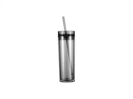 16oz/473ml Double Wall Clear Plastic Skinny Tumbler with Straw &amp; Lid (Gray)
