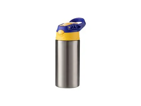 Botella Infantil Acero Inoxidable con Pajita de Silicona y Tapa Azul de 12oz/360ml (Plateado)