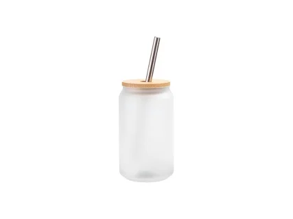 13oz/400ml Sublimation Blanks Glass Can Tumbler with Bamboo Lid Frosted White