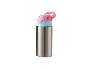 12oz/360ml Kids Stainless Steel Bottle With Silicon Straw &amp;Pink Cap(Silver)