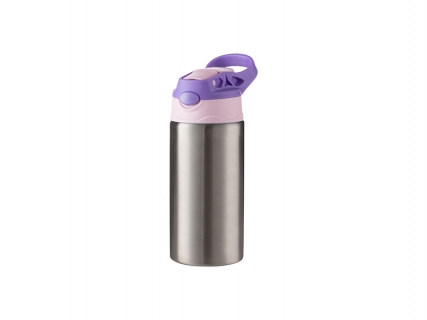 12oz/360ml Sublimation Blanks Kids Stainless Steel Bottle With Silicon Straw &amp; Purple Cap(Silver)