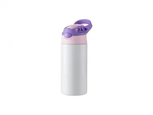 12oz/360ml Sublimation Blanks Kids Stainless Steel Bottle With Silicon Straw &amp; Purple Cap(White)
