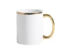 Taza blanca de 11 oz con mango metálico doradoCantidad mínima: 5000uds