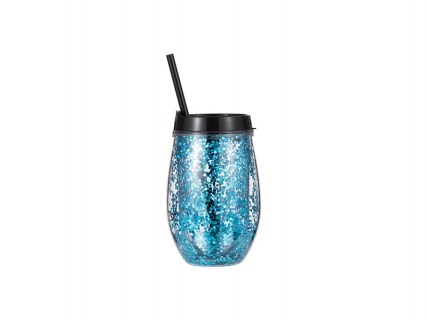 10oz/300ml Double Wall Clear Plastic Stemless Cup (Black, w/ Blue Glitters)