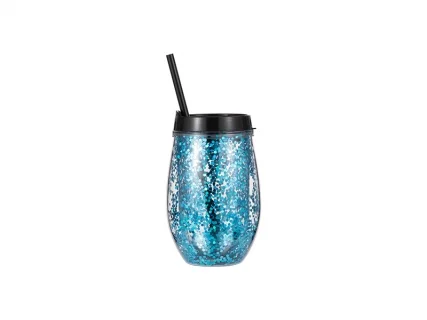 10oz/300ml Double Wall Clear Plastic Stemless Cup (Black, w/ Blue Glitters)