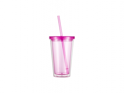 16oz/473ml Double Wall Clear Plastic Tumbler with Straw &amp; Lid (Rose Red)