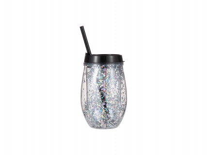 10oz/300ml Double Wall Clear Plastic Stemless Cup (Black, w/ Silver Glitters)