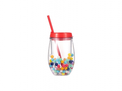 10oz/300ml Double Wall Clear Plastic Stemless Cup (Red, w/ Mini Foam Balls)