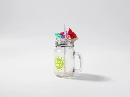 12oz/350ml Sublimation Blanks Clear Glass Mason Jar with Fake Ice &amp; Fruit Topper Lid (Clear, Watermelon)