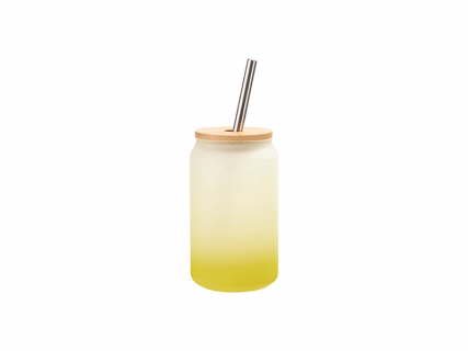 13oz/400ml Sublimation Blanks Glass Can Tumbler with Bamboo Lid Gradient Lemon Yellow