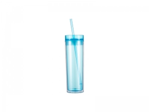 16oz/473ml Double Wall Clear Plastic Skinny Tumbler with Straw &amp; Lid (Light Blue)