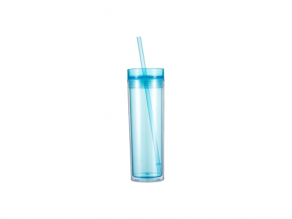 16oz/473ml Double Wall Clear Plastic Skinny Tumbler with Straw &amp; Lid (Light Blue)