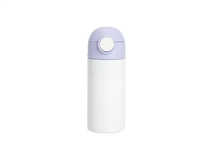 12oz/360ml White Sublimation Kids Stainless Steel Water Bottle with Plastic Straw &amp; Purple Cap
